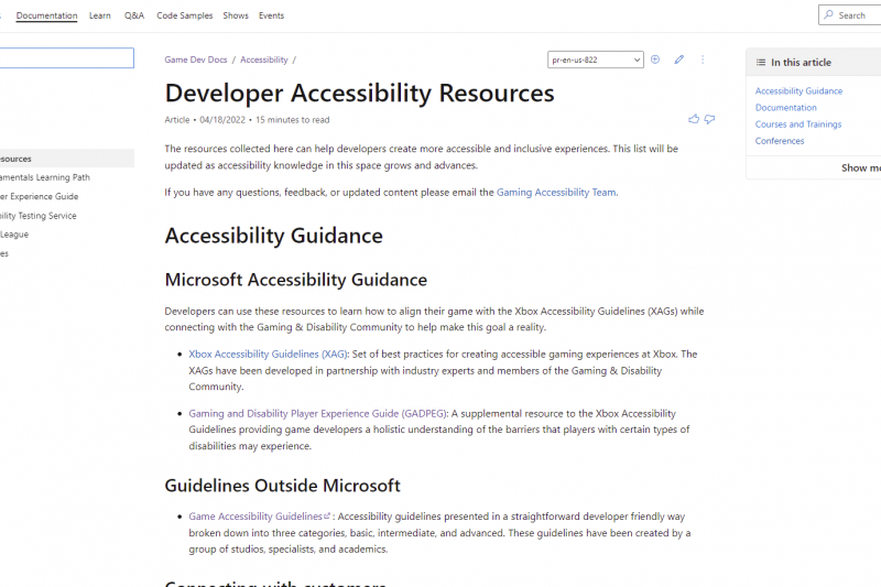 Gaming Developer Accessibility Resource Hub landing page shown in light mode with accessibility guidance, documentation, courses and trainings, conferences, testing tools and developer toolsÂ
