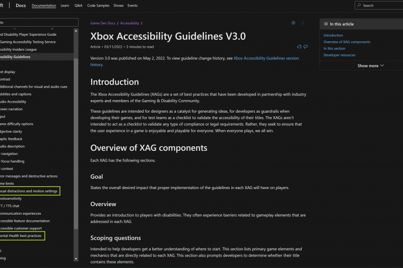 Xbox Accessibility Guidelines V3.0 landing page with introduction and overview of XAG components. Key updates of motion settings and Mental Health Best Practices highlighted with Green outline.Â