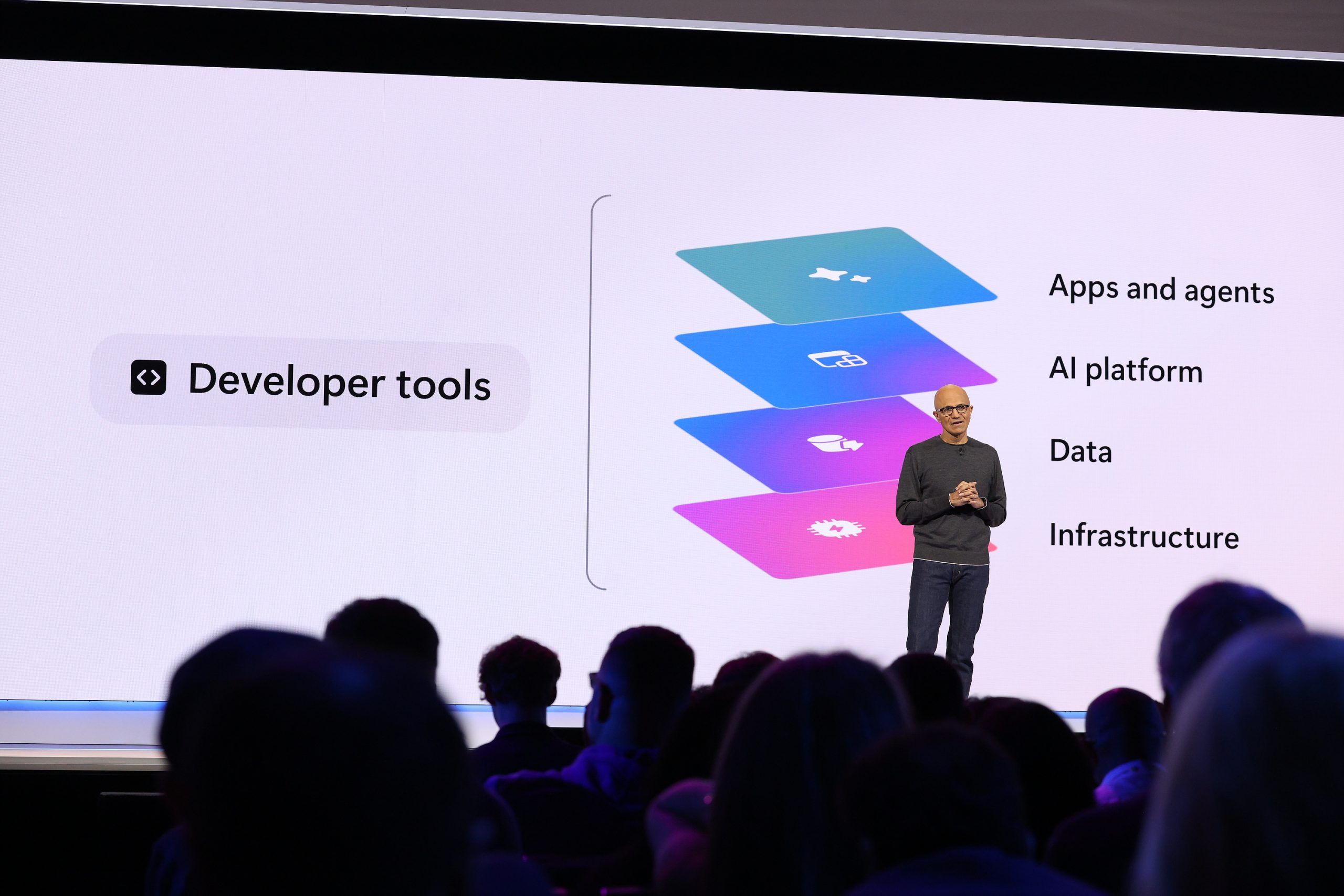A man in a grey sweater and glasses stands onstage in front of a large purple screen that says, “Developer Tools.” The audience can be seen seated in the foreground.
